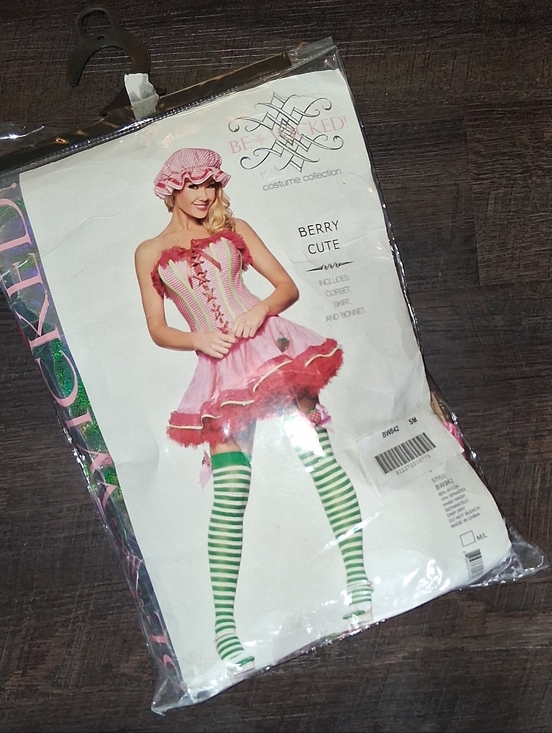 Other - Berry Cute Pink Strawberry Costume with Green Striped Stockings